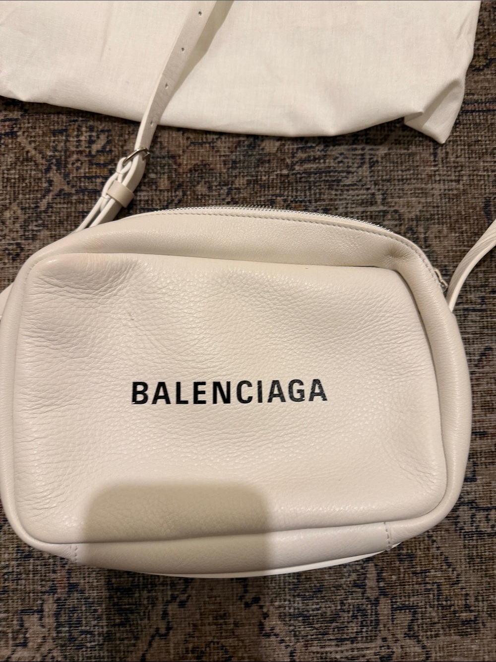 Balenciaga White Pebbled Leather Logo Crossbody